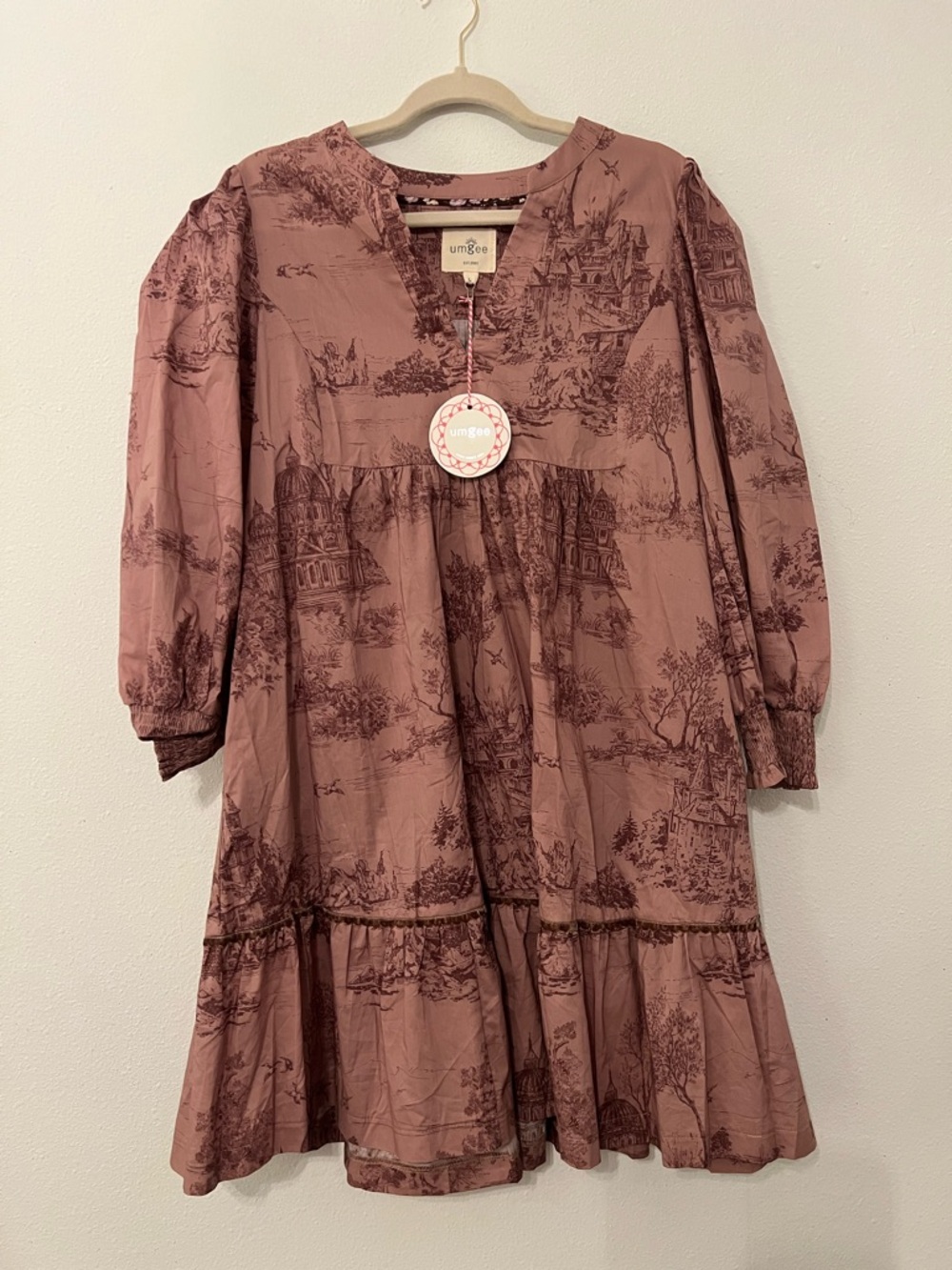 Umgee Dusty Rose Printed Tiered Toile A-line long-sleeve dress size Large